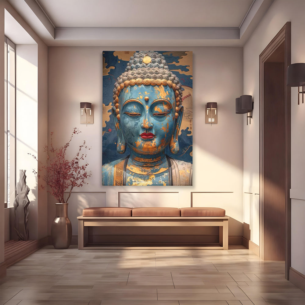 Tablou Canvas Premium LuxCanva® I135, Zeita Echilibrului Interior, Buddha, Zen, Spiritualitate, Meditatie, Contemplare, Transformare, Arta, Buze Rosii, Living, Dormitor