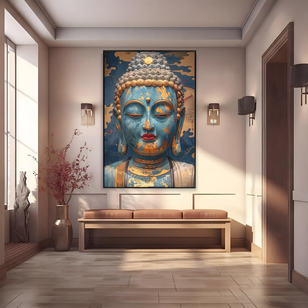 Tablou Canvas Premium LuxCanva® I135, Zeita Echilibrului Interior, Buddha, Zen, Spiritualitate, Meditatie, Contemplare, Transformare, Arta, Buze Rosii, Living, Dormitor