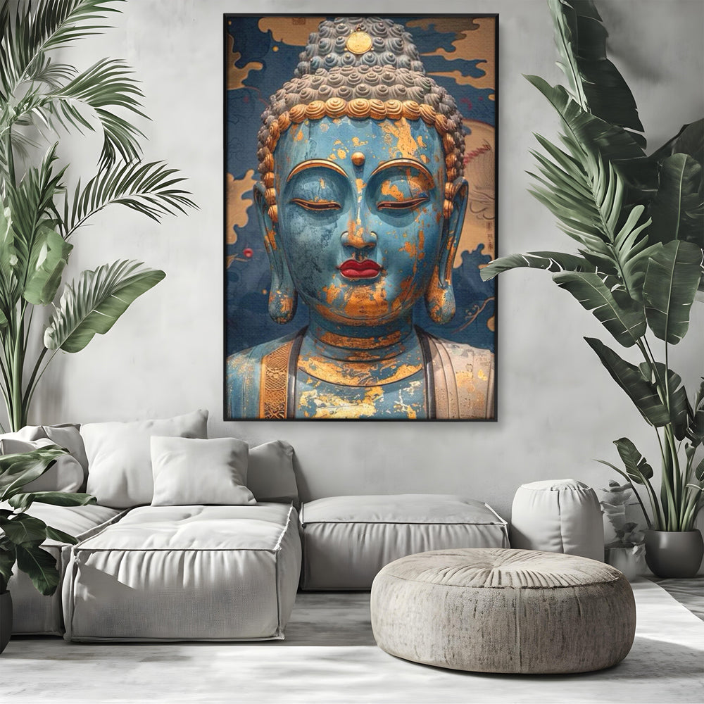 Tablou Canvas Premium LuxCanva® I135, Zeita Echilibrului Interior, Buddha, Zen, Spiritualitate, Meditatie, Contemplare, Transformare, Arta, Buze Rosii, Living, Dormitor