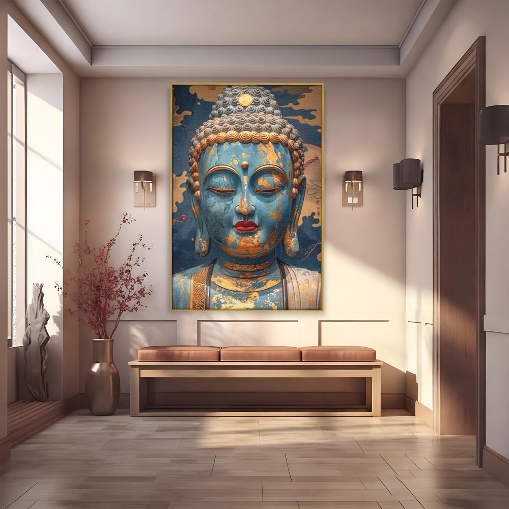 Tablou Canvas Premium LuxCanva® I135, Zeita Echilibrului Interior, Buddha, Zen, Spiritualitate, Meditatie, Contemplare, Transformare, Arta, Buze Rosii, Living, Dormitor
