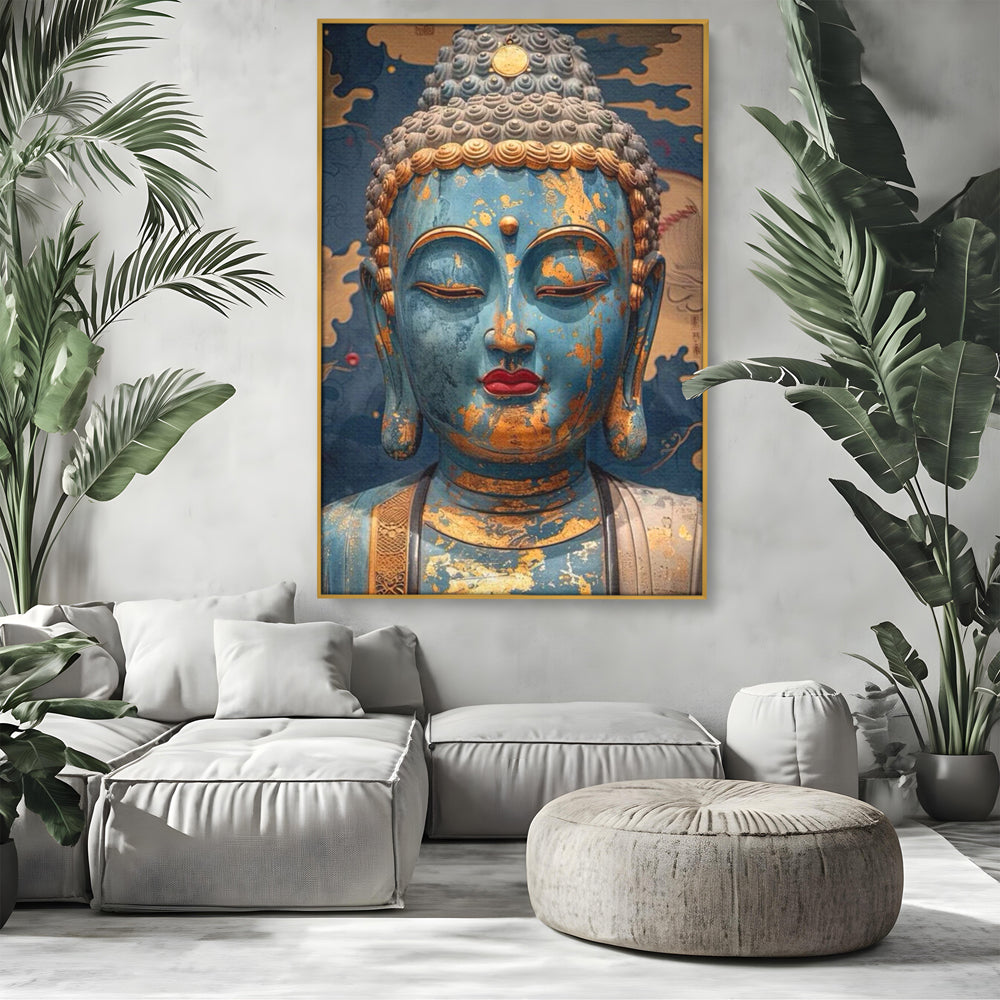 Tablou Canvas Premium LuxCanva® I135, Zeita Echilibrului Interior, Buddha, Zen, Spiritualitate, Meditatie, Contemplare, Transformare, Arta, Buze Rosii, Living, Dormitor