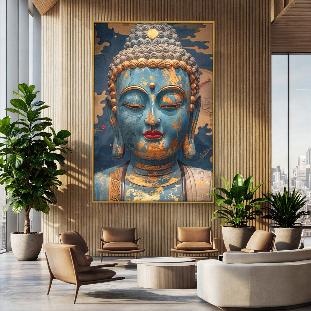 Tablou Canvas Premium LuxCanva® I135, Zeita Echilibrului Interior, Buddha, Zen, Spiritualitate, Meditatie, Contemplare, Transformare, Arta, Buze Rosii, Living, Dormitor