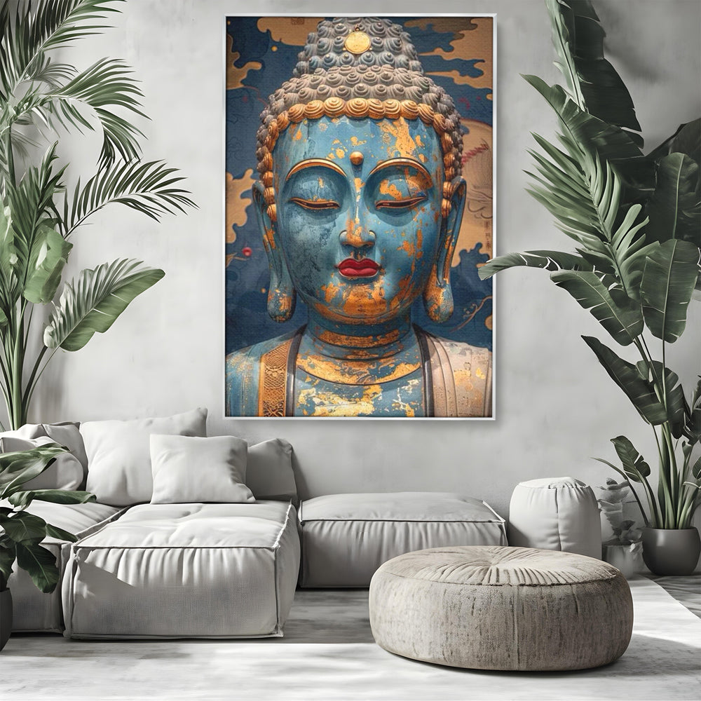 Tablou Canvas Premium LuxCanva® I135, Zeita Echilibrului Interior, Buddha, Zen, Spiritualitate, Meditatie, Contemplare, Transformare, Arta, Buze Rosii, Living, Dormitor
