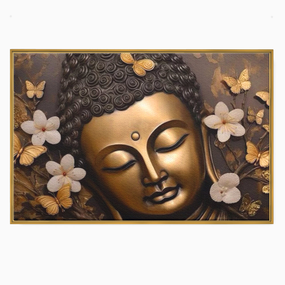 Leinwandbilder Premium LuxCanva® I141, Aura der Meditation, Buddha, Zen, Balance, Meditation, Spiritualität, Kontemplation, Besinnung, Harmonie, Blumen, Schmetterlinge, Gold, Wohnen, Schlafzimmer