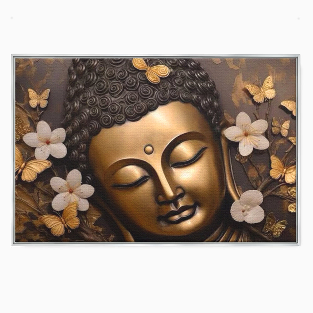 Leinwandbilder Premium LuxCanva® I141, Aura der Meditation, Buddha, Zen, Balance, Meditation, Spiritualität, Kontemplation, Besinnung, Harmonie, Blumen, Schmetterlinge, Gold, Wohnen, Schlafzimmer