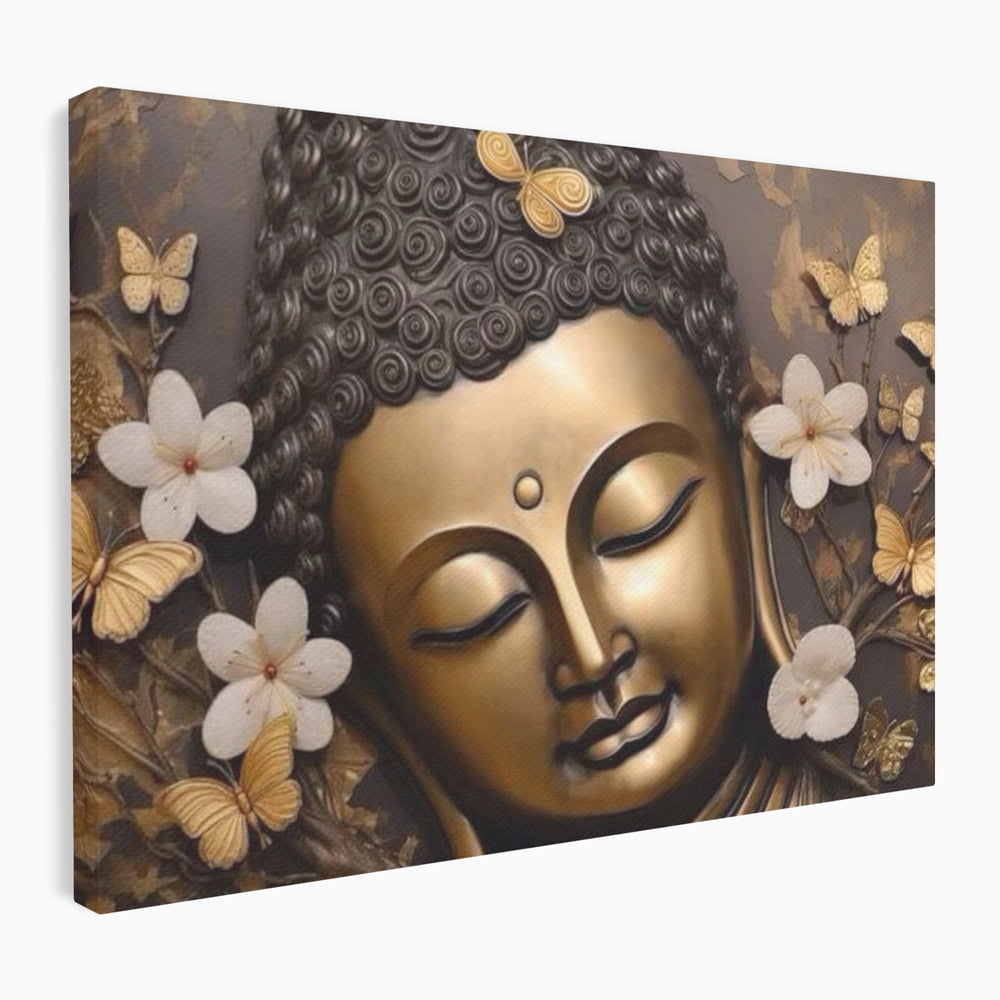 Leinwandbilder Premium LuxCanva® I141, Aura der Meditation, Buddha, Zen, Balance, Meditation, Spiritualität, Kontemplation, Besinnung, Harmonie, Blumen, Schmetterlinge, Gold, Wohnen, Schlafzimmer