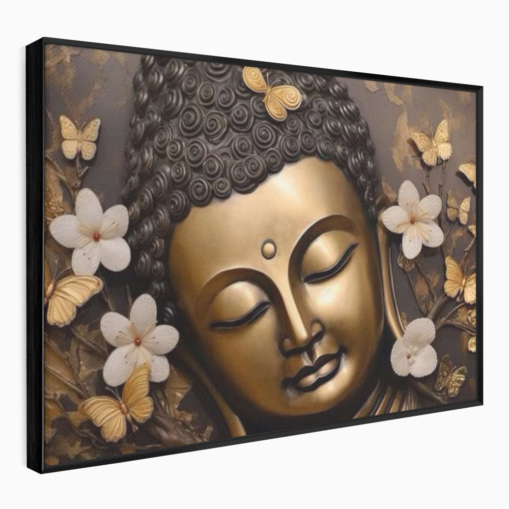 Leinwandbilder Premium LuxCanva® I141, Aura der Meditation, Buddha, Zen, Balance, Meditation, Spiritualität, Kontemplation, Besinnung, Harmonie, Blumen, Schmetterlinge, Gold, Wohnen, Schlafzimmer