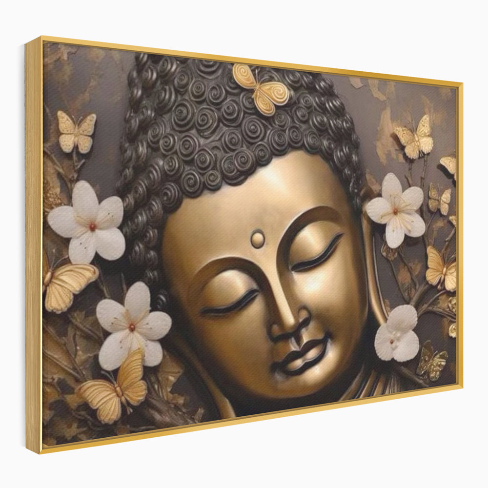 Leinwandbilder Premium LuxCanva® I141, Aura der Meditation, Buddha, Zen, Balance, Meditation, Spiritualität, Kontemplation, Besinnung, Harmonie, Blumen, Schmetterlinge, Gold, Wohnen, Schlafzimmer