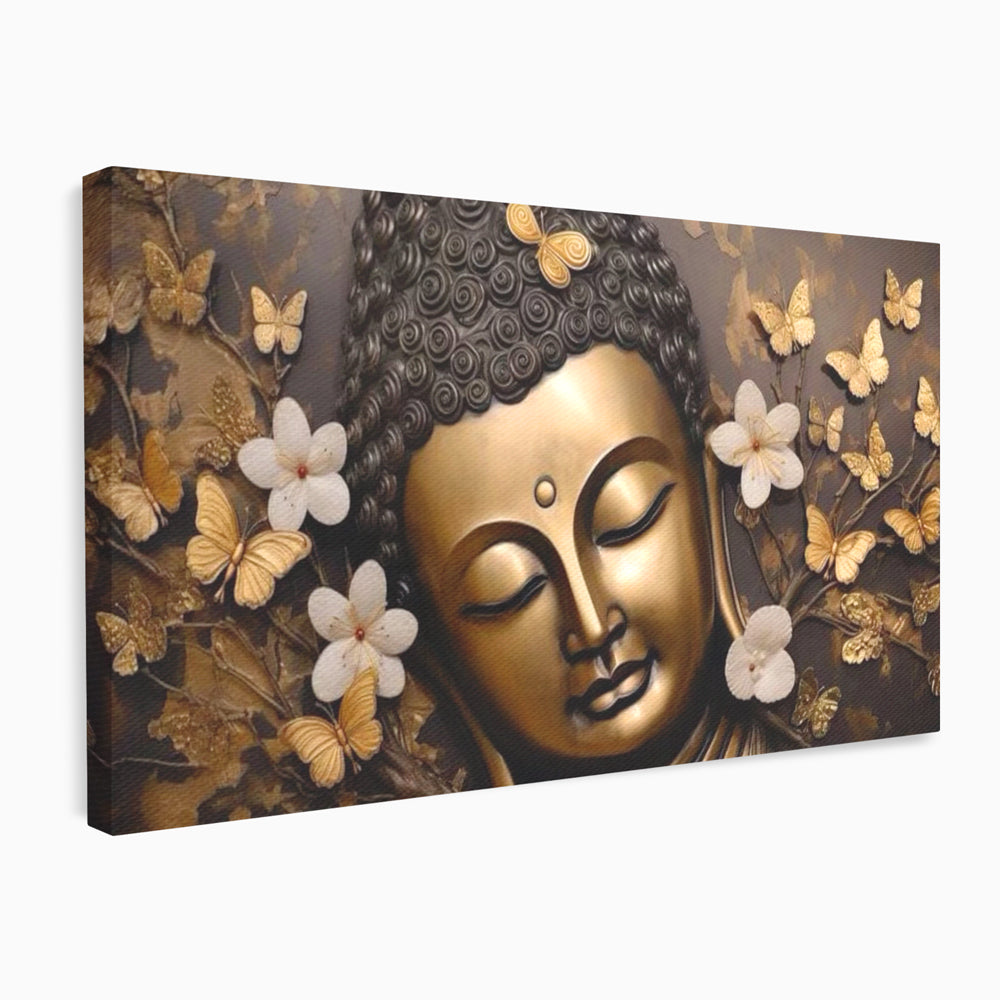 Leinwandbilder Premium LuxCanva® I141, Aura der Meditation, Buddha, Zen, Balance, Meditation, Spiritualität, Kontemplation, Besinnung, Harmonie, Blumen, Schmetterlinge, Gold, Wohnen, Schlafzimmer