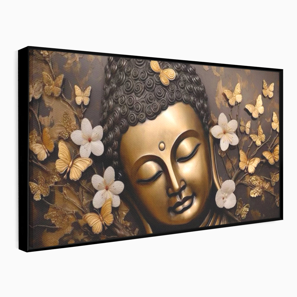 Leinwandbilder Premium LuxCanva® I141, Aura der Meditation, Buddha, Zen, Balance, Meditation, Spiritualität, Kontemplation, Besinnung, Harmonie, Blumen, Schmetterlinge, Gold, Wohnen, Schlafzimmer