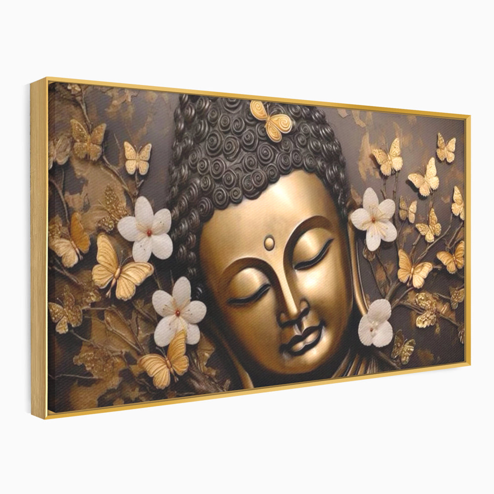 Leinwandbilder Premium LuxCanva® I141, Aura der Meditation, Buddha, Zen, Balance, Meditation, Spiritualität, Kontemplation, Besinnung, Harmonie, Blumen, Schmetterlinge, Gold, Wohnen, Schlafzimmer