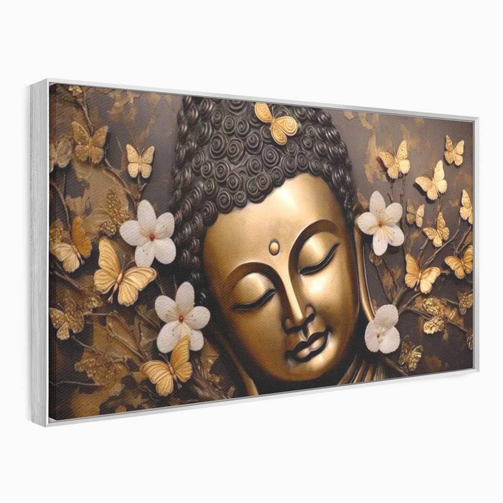 Leinwandbilder Premium LuxCanva® I141, Aura der Meditation, Buddha, Zen, Balance, Meditation, Spiritualität, Kontemplation, Besinnung, Harmonie, Blumen, Schmetterlinge, Gold, Wohnen, Schlafzimmer
