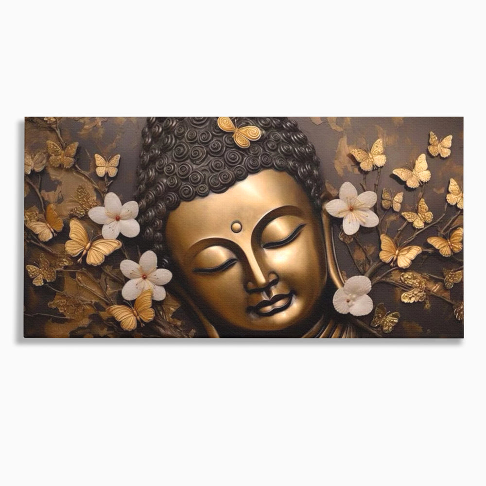 Leinwandbilder Premium LuxCanva® I141, Aura der Meditation, Buddha, Zen, Balance, Meditation, Spiritualität, Kontemplation, Besinnung, Harmonie, Blumen, Schmetterlinge, Gold, Wohnen, Schlafzimmer