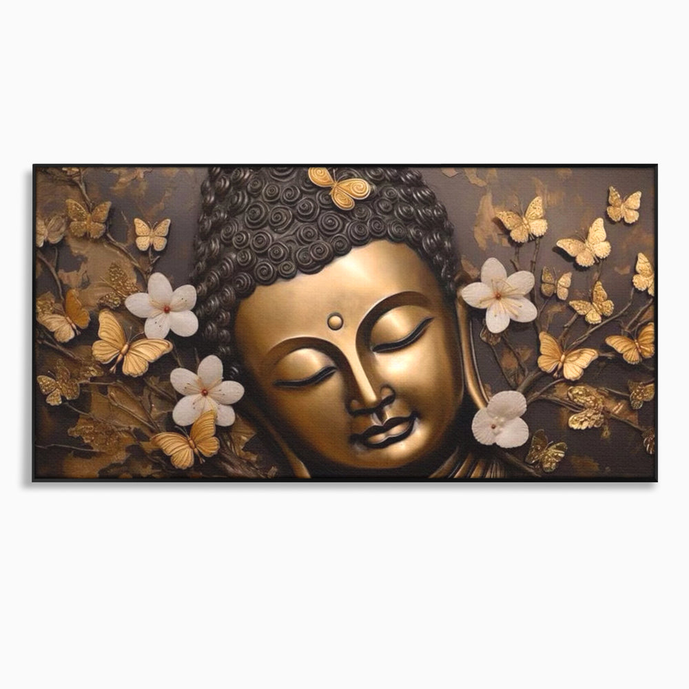Leinwandbilder Premium LuxCanva® I141, Aura der Meditation, Buddha, Zen, Balance, Meditation, Spiritualität, Kontemplation, Besinnung, Harmonie, Blumen, Schmetterlinge, Gold, Wohnen, Schlafzimmer