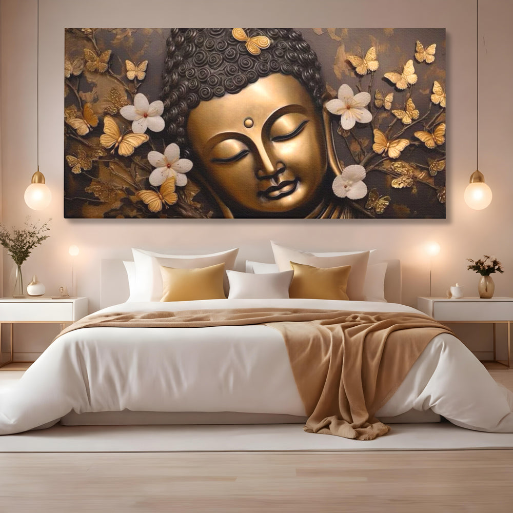 Leinwandbilder Premium LuxCanva® I141, Aura der Meditation, Buddha, Zen, Balance, Meditation, Spiritualität, Kontemplation, Besinnung, Harmonie, Blumen, Schmetterlinge, Gold, Wohnen, Schlafzimmer