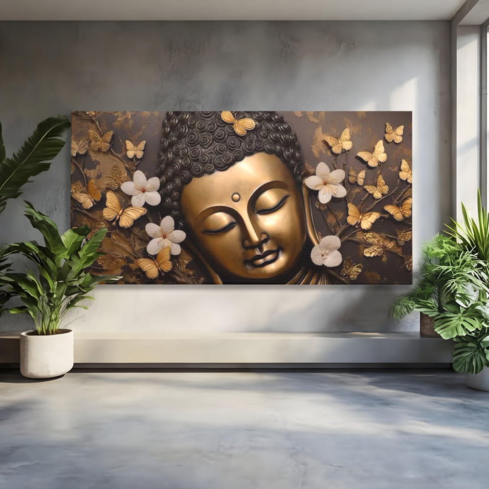 Leinwandbilder Premium LuxCanva® I141, Aura der Meditation, Buddha, Zen, Balance, Meditation, Spiritualität, Kontemplation, Besinnung, Harmonie, Blumen, Schmetterlinge, Gold, Wohnen, Schlafzimmer
