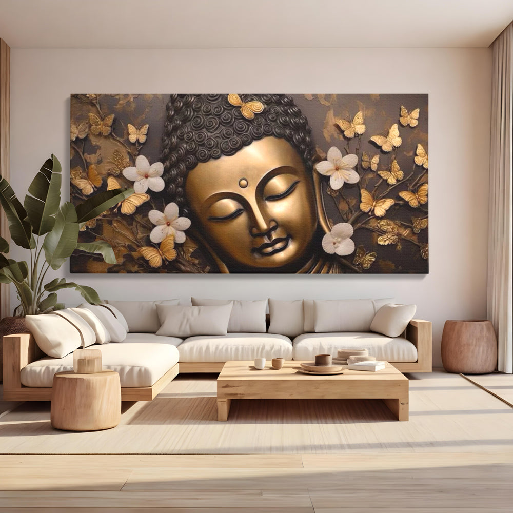 Leinwandbilder Premium LuxCanva® I141, Aura der Meditation, Buddha, Zen, Balance, Meditation, Spiritualität, Kontemplation, Besinnung, Harmonie, Blumen, Schmetterlinge, Gold, Wohnen, Schlafzimmer