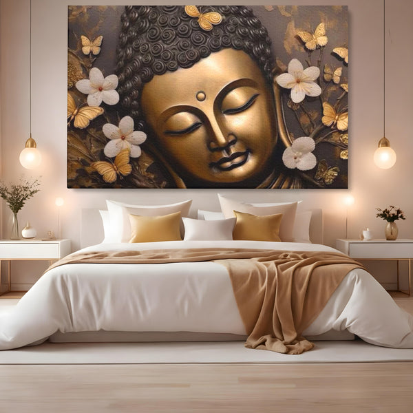 Leinwandbilder Premium LuxCanva® I141, Aura der Meditation, Buddha, Zen, Balance, Meditation, Spiritualität, Kontemplation, Besinnung, Harmonie, Blumen, Schmetterlinge, Gold, Wohnen, Schlafzimmer