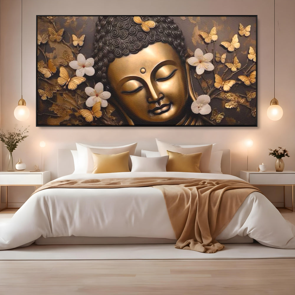 Leinwandbilder Premium LuxCanva® I141, Aura der Meditation, Buddha, Zen, Balance, Meditation, Spiritualität, Kontemplation, Besinnung, Harmonie, Blumen, Schmetterlinge, Gold, Wohnen, Schlafzimmer