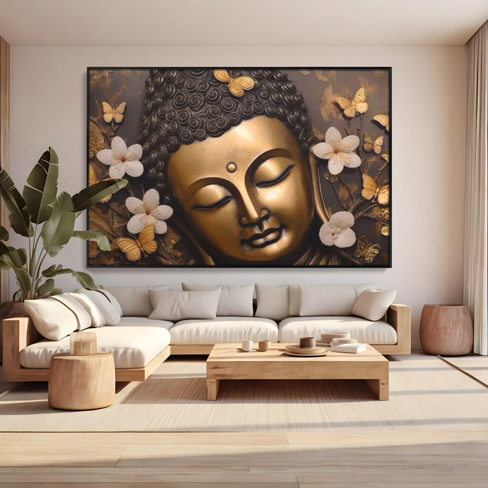 Leinwandbilder Premium LuxCanva® I141, Aura der Meditation, Buddha, Zen, Balance, Meditation, Spiritualität, Kontemplation, Besinnung, Harmonie, Blumen, Schmetterlinge, Gold, Wohnen, Schlafzimmer