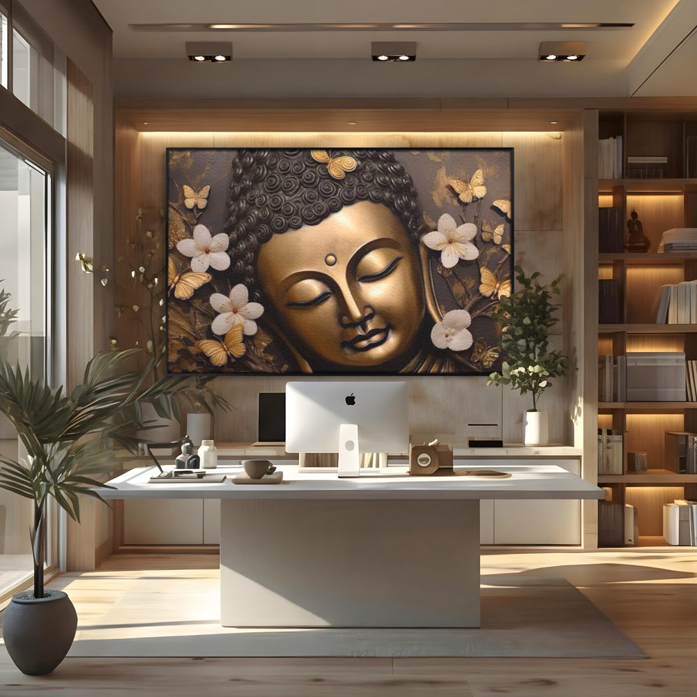 Leinwandbilder Premium LuxCanva® I141, Aura der Meditation, Buddha, Zen, Balance, Meditation, Spiritualität, Kontemplation, Besinnung, Harmonie, Blumen, Schmetterlinge, Gold, Wohnen, Schlafzimmer