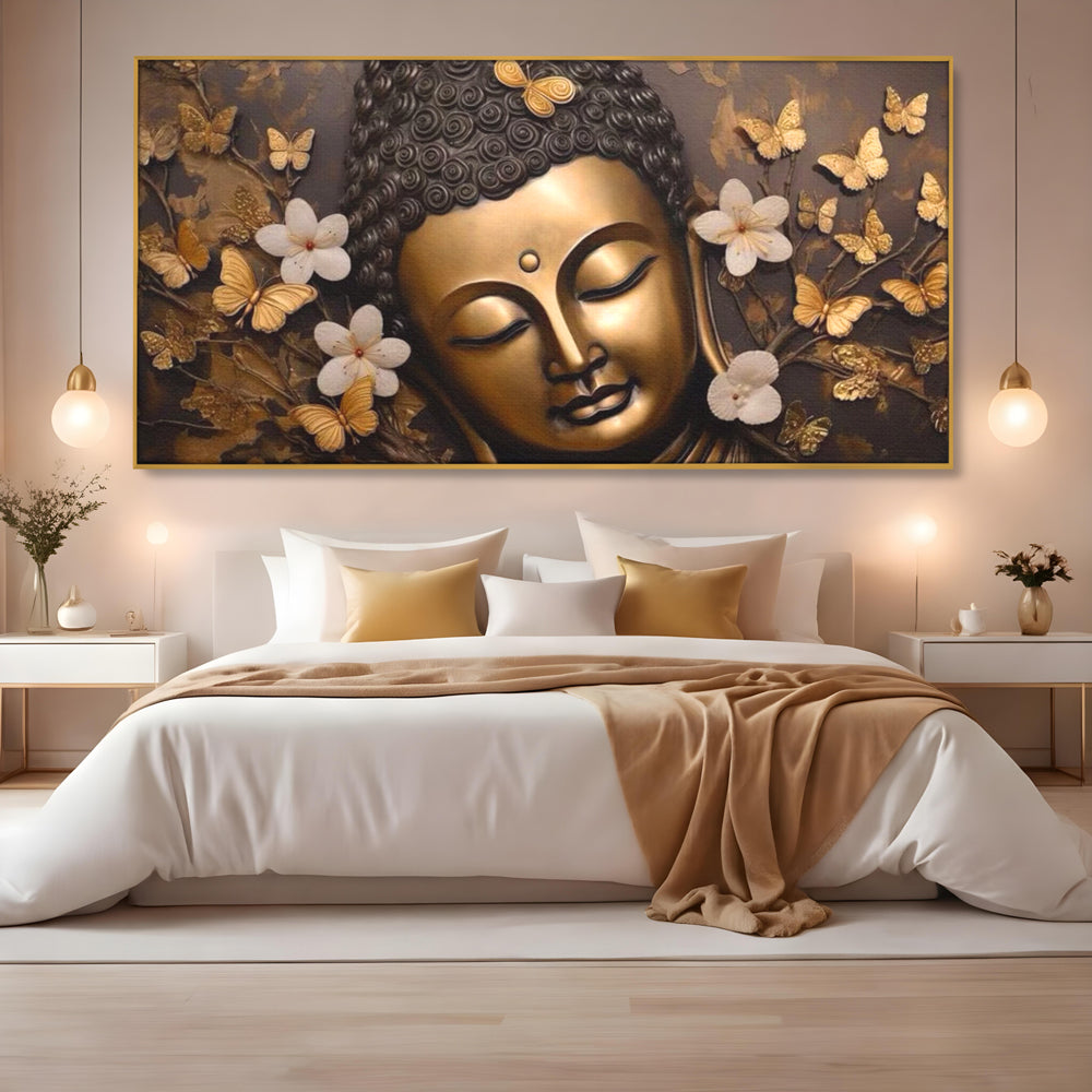 Leinwandbilder Premium LuxCanva® I141, Aura der Meditation, Buddha, Zen, Balance, Meditation, Spiritualität, Kontemplation, Besinnung, Harmonie, Blumen, Schmetterlinge, Gold, Wohnen, Schlafzimmer