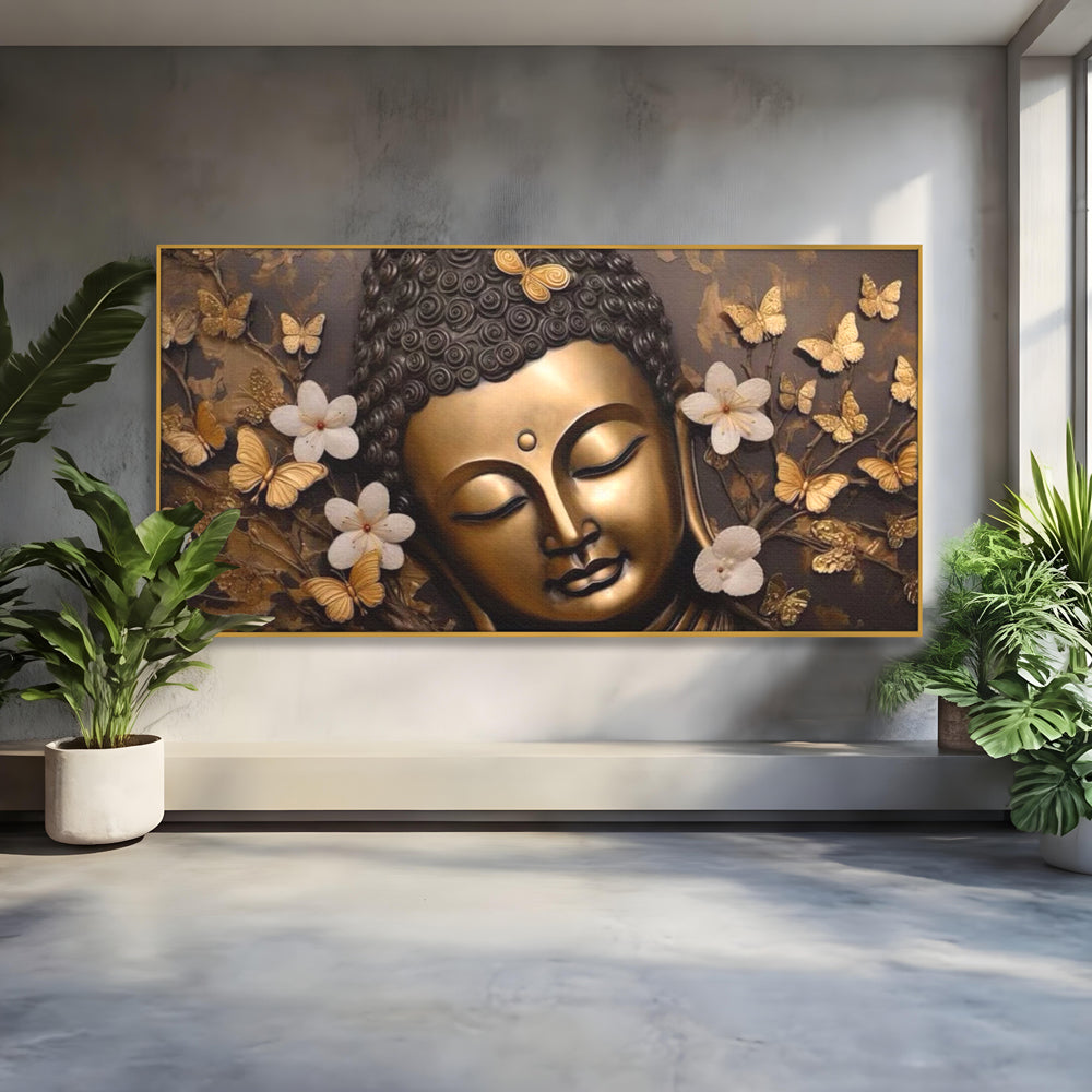 Leinwandbilder Premium LuxCanva® I141, Aura der Meditation, Buddha, Zen, Balance, Meditation, Spiritualität, Kontemplation, Besinnung, Harmonie, Blumen, Schmetterlinge, Gold, Wohnen, Schlafzimmer