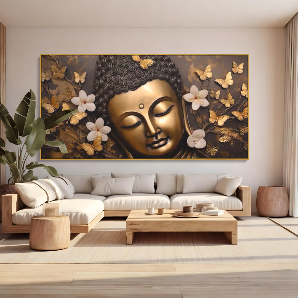 Leinwandbilder Premium LuxCanva® I141, Aura der Meditation, Buddha, Zen, Balance, Meditation, Spiritualität, Kontemplation, Besinnung, Harmonie, Blumen, Schmetterlinge, Gold, Wohnen, Schlafzimmer