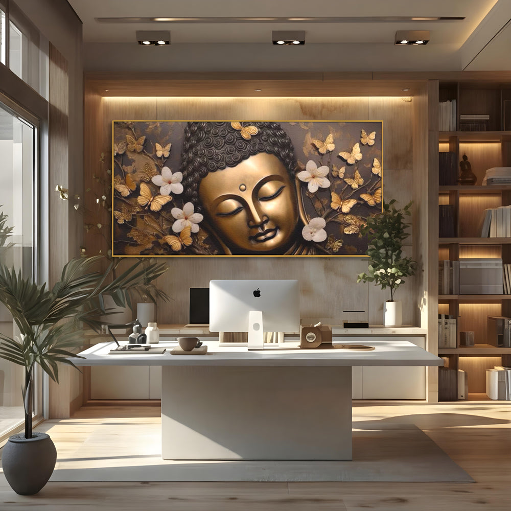 Leinwandbilder Premium LuxCanva® I141, Aura der Meditation, Buddha, Zen, Balance, Meditation, Spiritualität, Kontemplation, Besinnung, Harmonie, Blumen, Schmetterlinge, Gold, Wohnen, Schlafzimmer