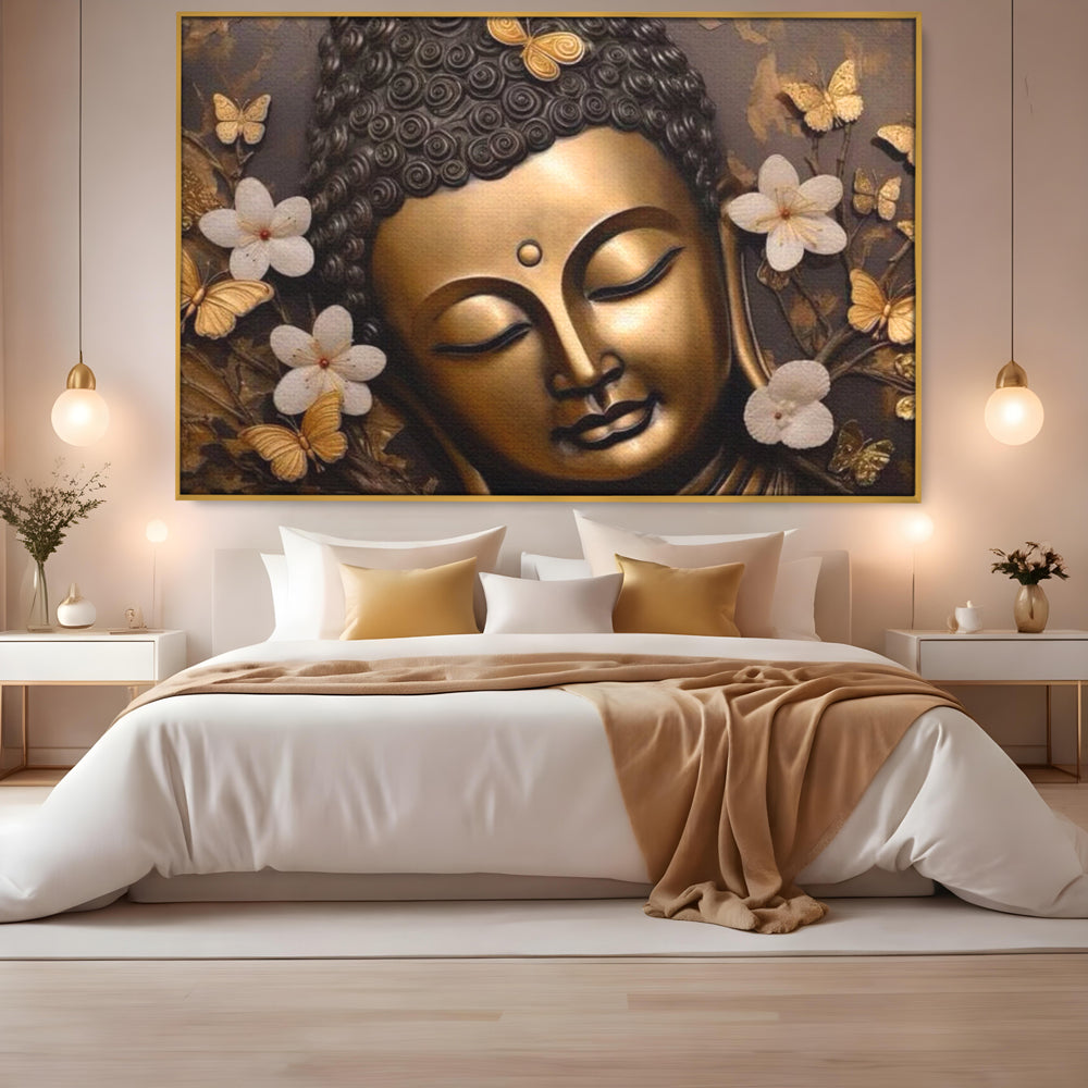Leinwandbilder Premium LuxCanva® I141, Aura der Meditation, Buddha, Zen, Balance, Meditation, Spiritualität, Kontemplation, Besinnung, Harmonie, Blumen, Schmetterlinge, Gold, Wohnen, Schlafzimmer