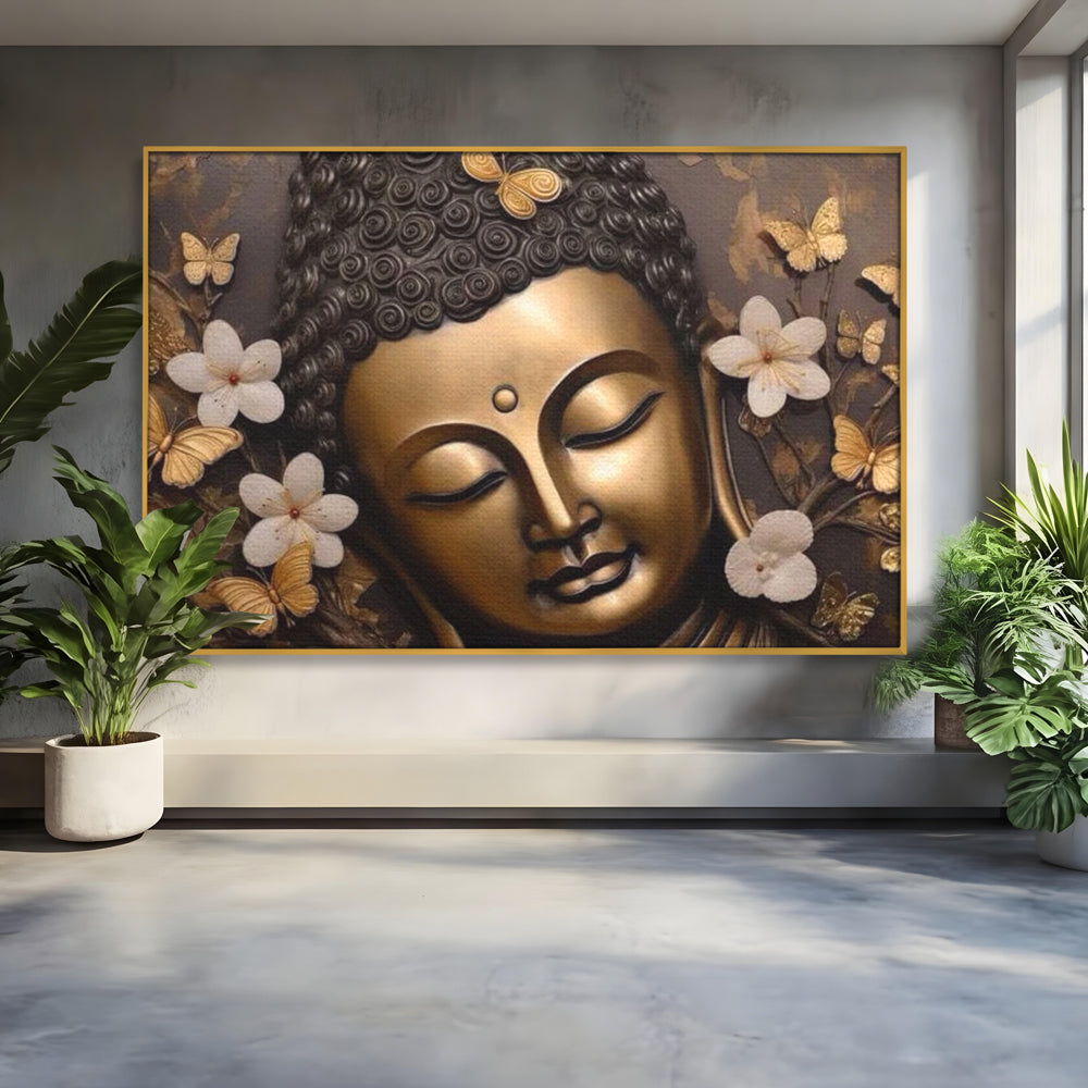 Leinwandbilder Premium LuxCanva® I141, Aura der Meditation, Buddha, Zen, Balance, Meditation, Spiritualität, Kontemplation, Besinnung, Harmonie, Blumen, Schmetterlinge, Gold, Wohnen, Schlafzimmer