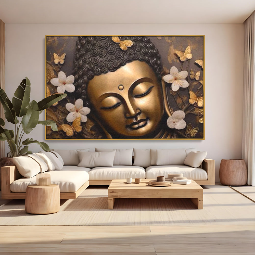Leinwandbilder Premium LuxCanva® I141, Aura der Meditation, Buddha, Zen, Balance, Meditation, Spiritualität, Kontemplation, Besinnung, Harmonie, Blumen, Schmetterlinge, Gold, Wohnen, Schlafzimmer