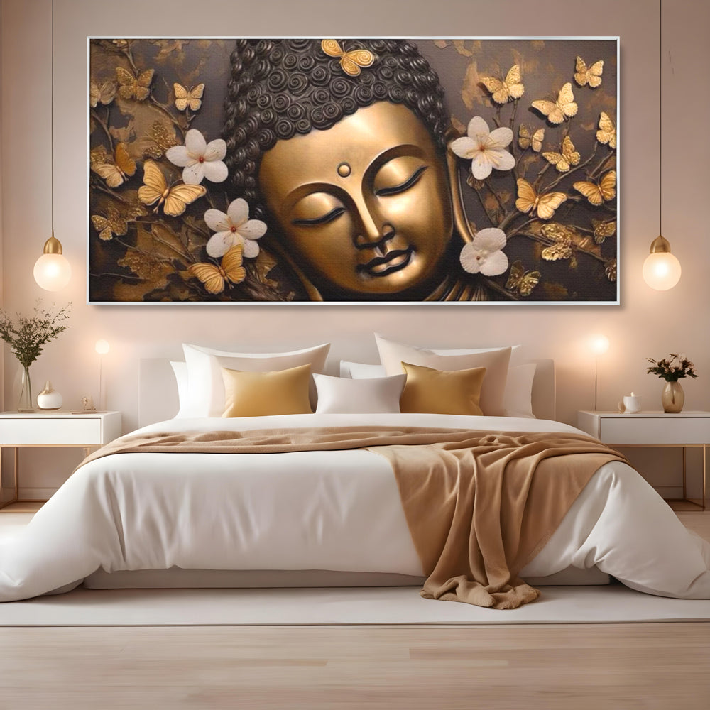 Leinwandbilder Premium LuxCanva® I141, Aura der Meditation, Buddha, Zen, Balance, Meditation, Spiritualität, Kontemplation, Besinnung, Harmonie, Blumen, Schmetterlinge, Gold, Wohnen, Schlafzimmer