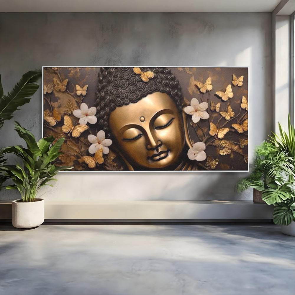 Leinwandbilder Premium LuxCanva® I141, Aura der Meditation, Buddha, Zen, Balance, Meditation, Spiritualität, Kontemplation, Besinnung, Harmonie, Blumen, Schmetterlinge, Gold, Wohnen, Schlafzimmer