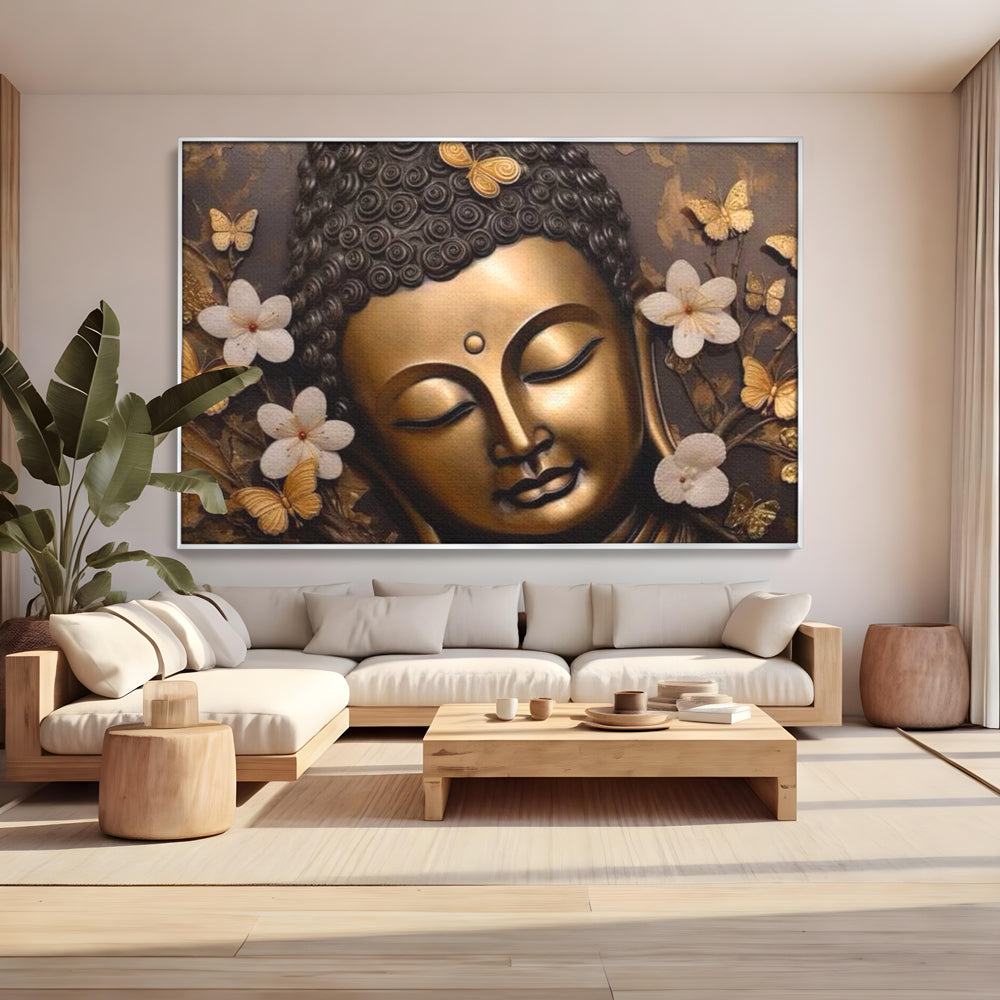 Leinwandbilder Premium LuxCanva® I141, Aura der Meditation, Buddha, Zen, Balance, Meditation, Spiritualität, Kontemplation, Besinnung, Harmonie, Blumen, Schmetterlinge, Gold, Wohnen, Schlafzimmer