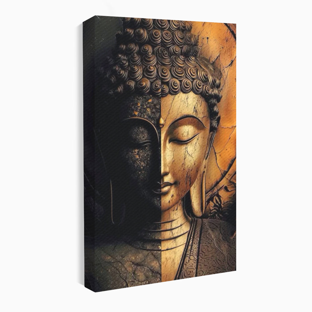 Tablou Canvas Premium, LuxCanva® I143, Lumini si Umbre, Buddha, Zen, Dualitate, Iluminare, Echilibru, Timp, Energie, Meditatie, Liniste, Gold, Marmura, Living, Dormitor
