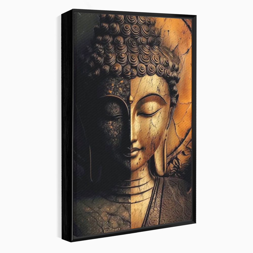 Tablou Canvas Premium, LuxCanva® I143, Lumini si Umbre, Buddha, Zen, Dualitate, Iluminare, Echilibru, Timp, Energie, Meditatie, Liniste, Gold, Marmura, Living, Dormitor