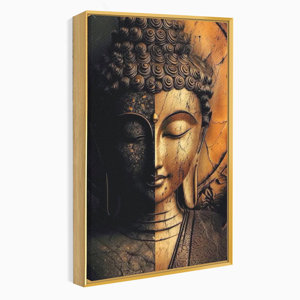 Tablou Canvas Premium, LuxCanva® I143, Lumini si Umbre, Buddha, Zen, Dualitate, Iluminare, Echilibru, Timp, Energie, Meditatie, Liniste, Gold, Marmura, Living, Dormitor