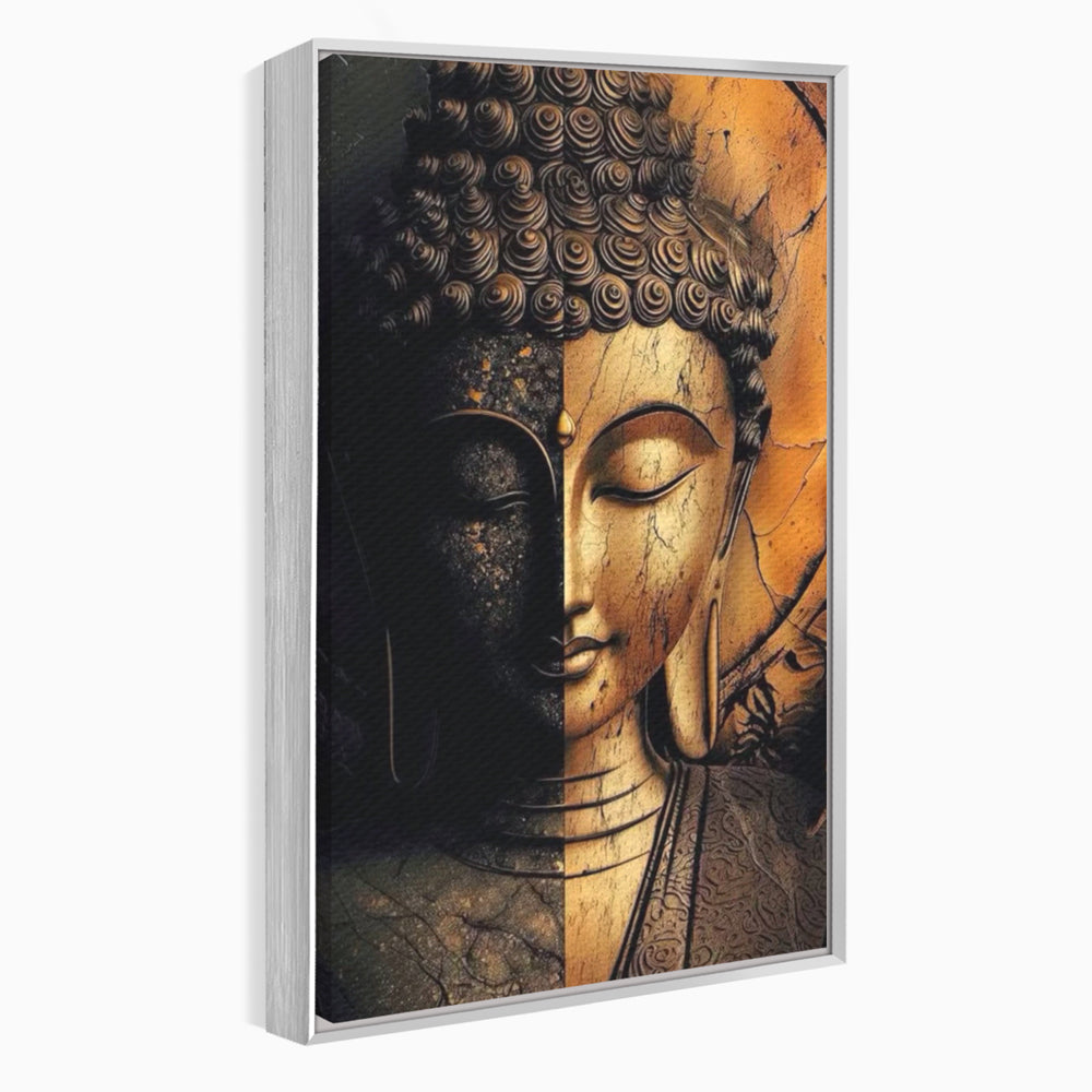 Tablou Canvas Premium, LuxCanva® I143, Lumini si Umbre, Buddha, Zen, Dualitate, Iluminare, Echilibru, Timp, Energie, Meditatie, Liniste, Gold, Marmura, Living, Dormitor