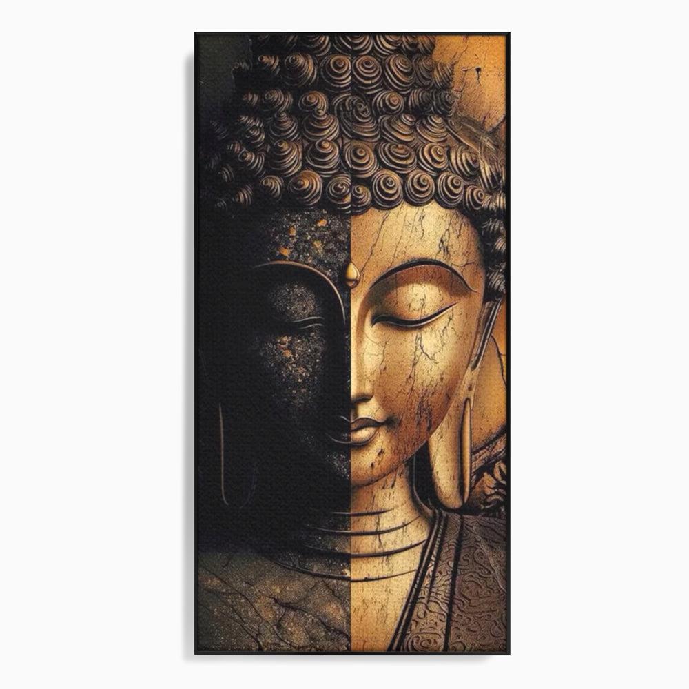 Tablou Canvas Premium, LuxCanva® I143, Lumini si Umbre, Buddha, Zen, Dualitate, Iluminare, Echilibru, Timp, Energie, Meditatie, Liniste, Gold, Marmura, Living, Dormitor