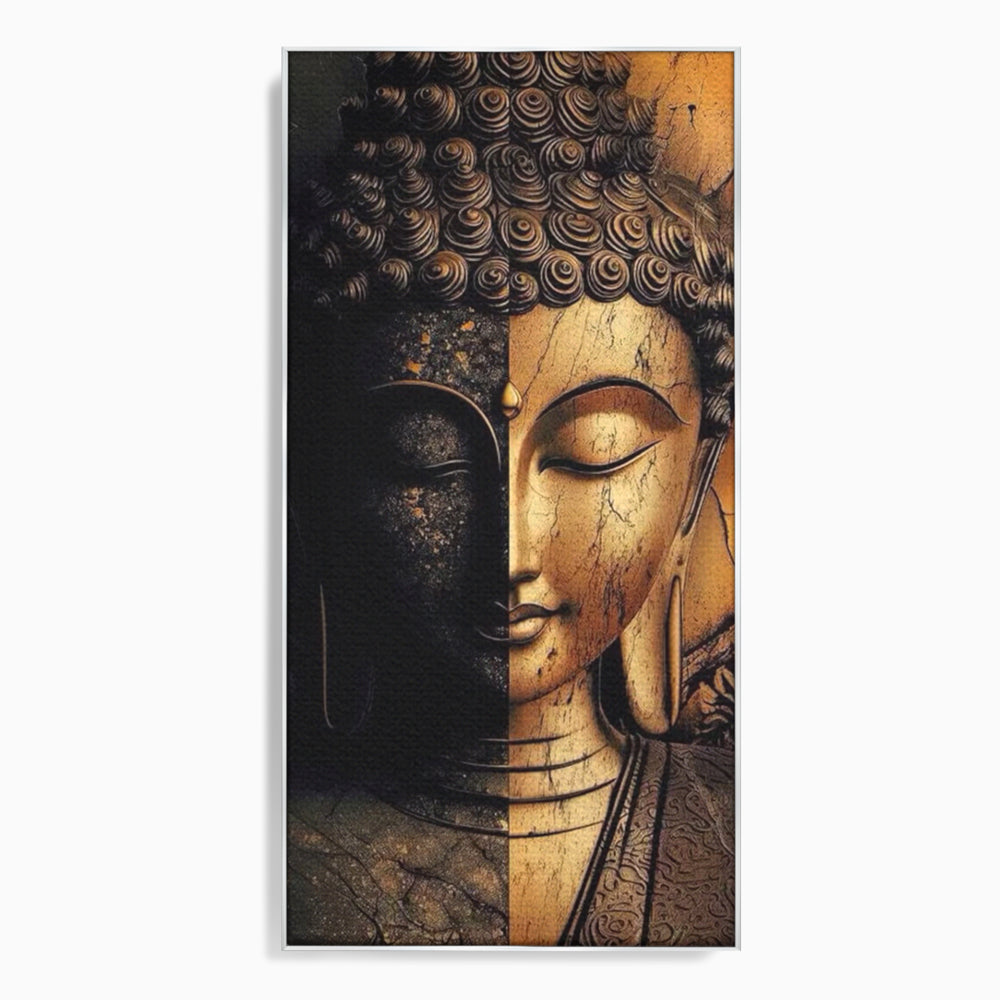 Tablou Canvas Premium, LuxCanva® I143, Lumini si Umbre, Buddha, Zen, Dualitate, Iluminare, Echilibru, Timp, Energie, Meditatie, Liniste, Gold, Marmura, Living, Dormitor