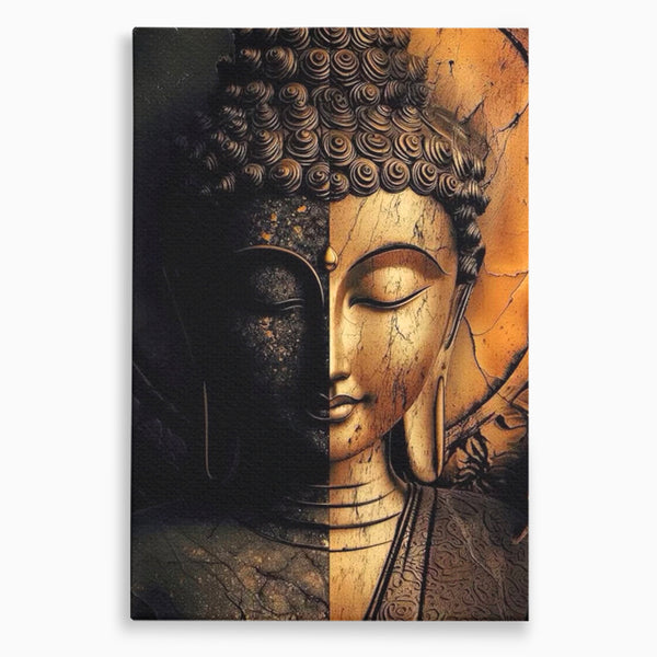 Tablou Canvas Premium, LuxCanva® I143, Lumini si Umbre, Buddha, Zen, Dualitate, Iluminare, Echilibru, Timp, Energie, Meditatie, Liniste, Gold, Marmura, Living, Dormitor