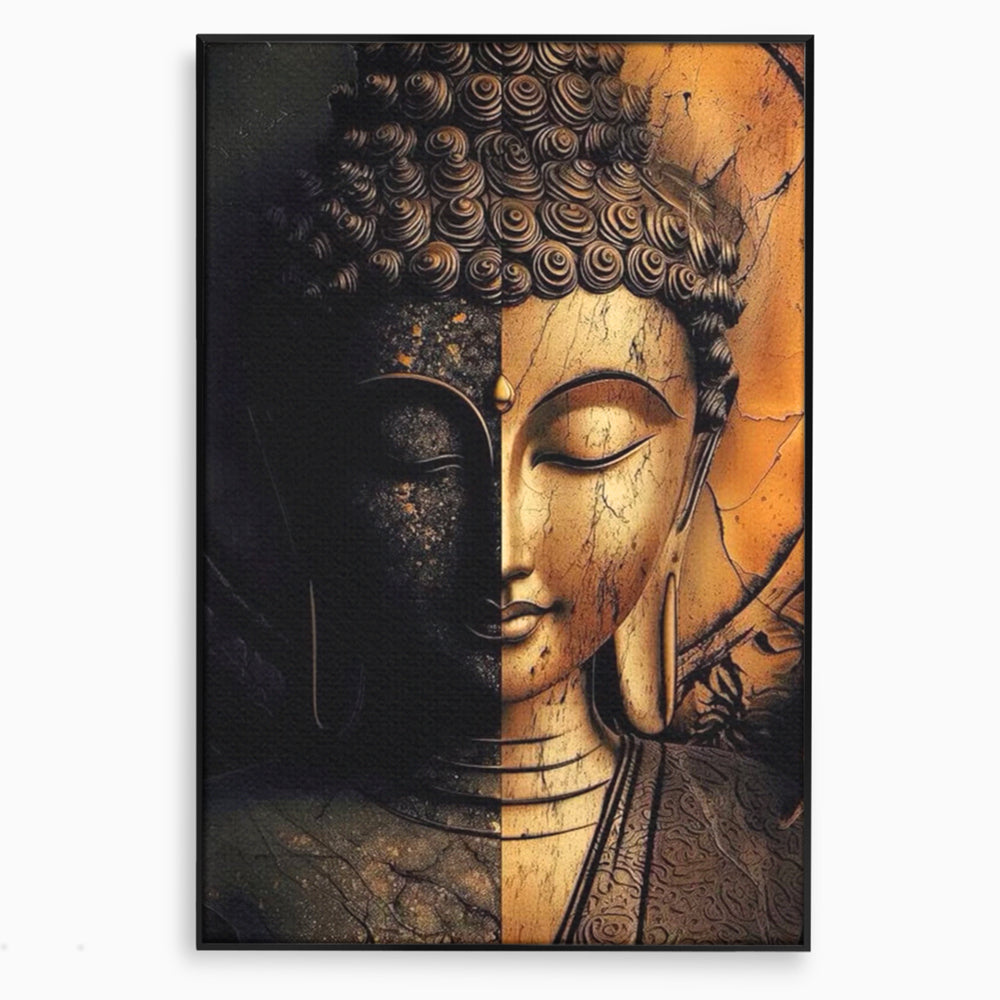 Tablou Canvas Premium, LuxCanva® I143, Lumini si Umbre, Buddha, Zen, Dualitate, Iluminare, Echilibru, Timp, Energie, Meditatie, Liniste, Gold, Marmura, Living, Dormitor