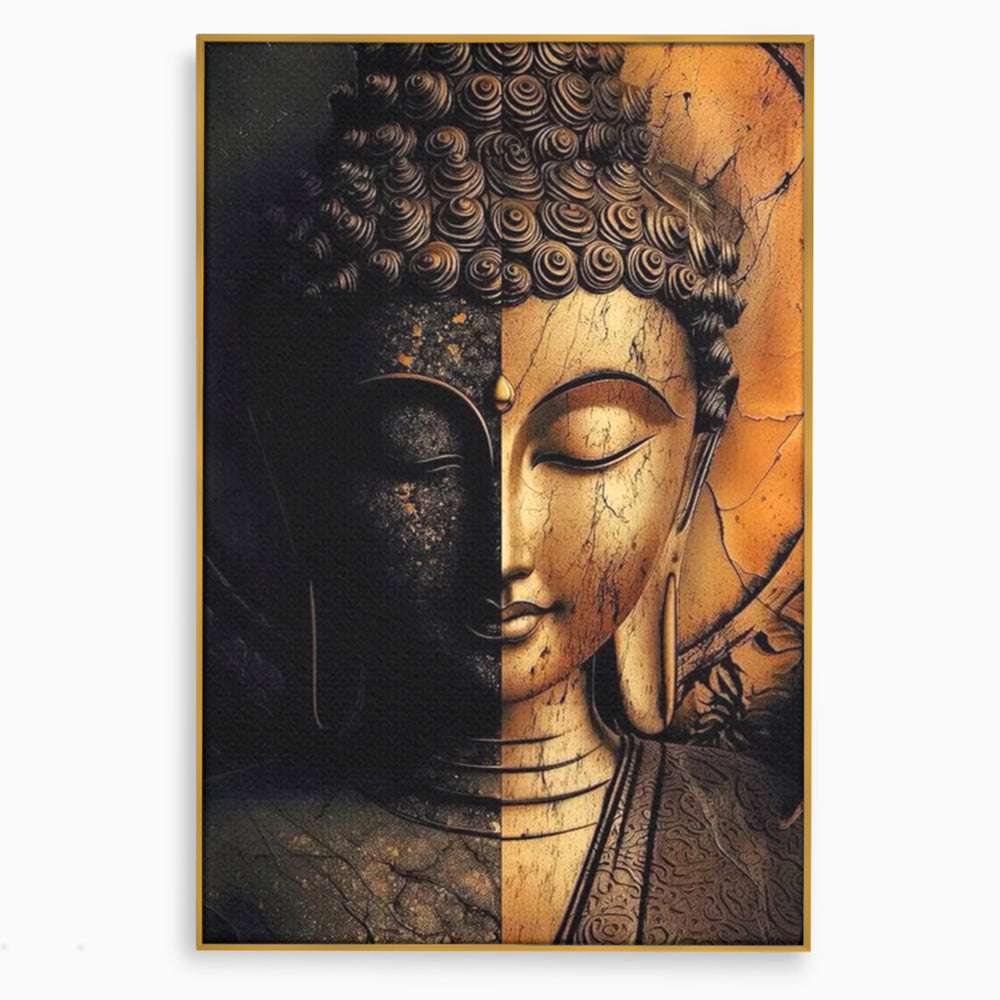 Tablou Canvas Premium, LuxCanva® I143, Lumini si Umbre, Buddha, Zen, Dualitate, Iluminare, Echilibru, Timp, Energie, Meditatie, Liniste, Gold, Marmura, Living, Dormitor