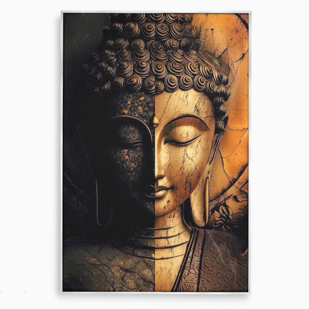 Tablou Canvas Premium, LuxCanva® I143, Lumini si Umbre, Buddha, Zen, Dualitate, Iluminare, Echilibru, Timp, Energie, Meditatie, Liniste, Gold, Marmura, Living, Dormitor