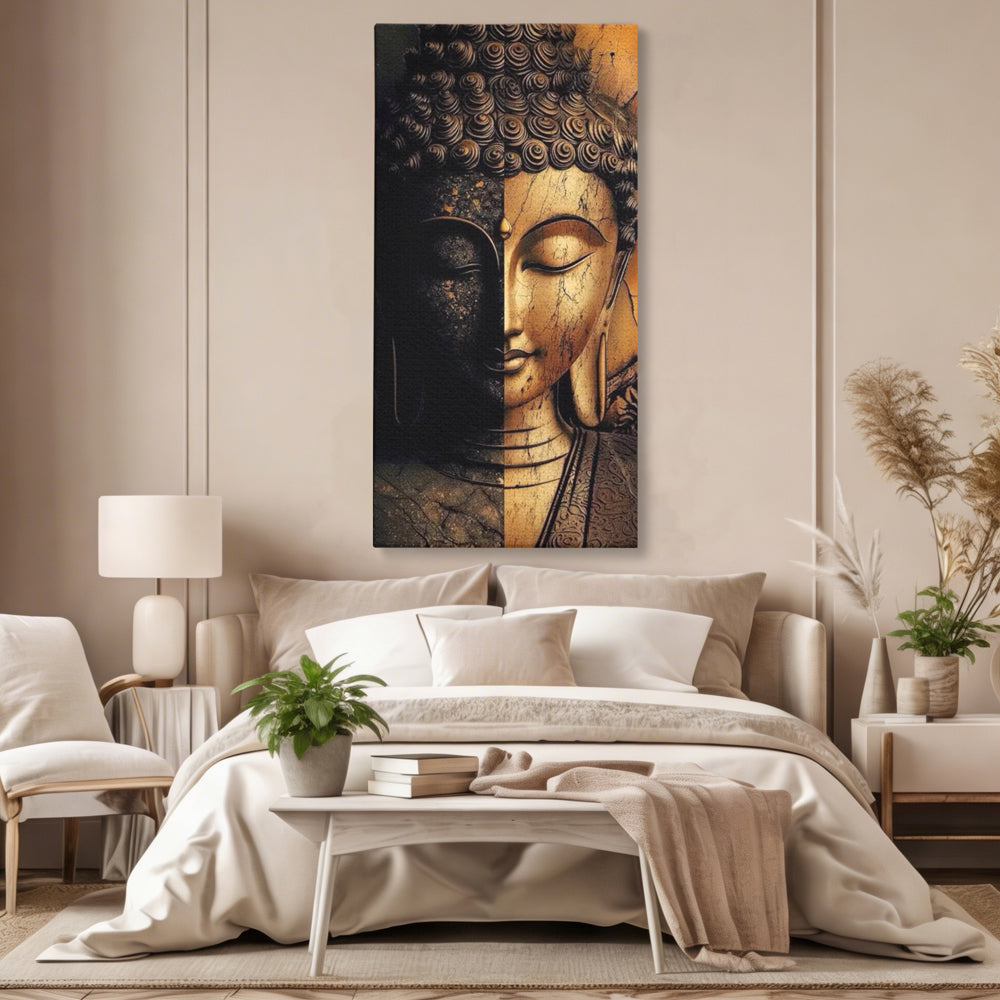 Tablou Canvas Premium, LuxCanva® I143, Lumini si Umbre, Buddha, Zen, Dualitate, Iluminare, Echilibru, Timp, Energie, Meditatie, Liniste, Gold, Marmura, Living, Dormitor