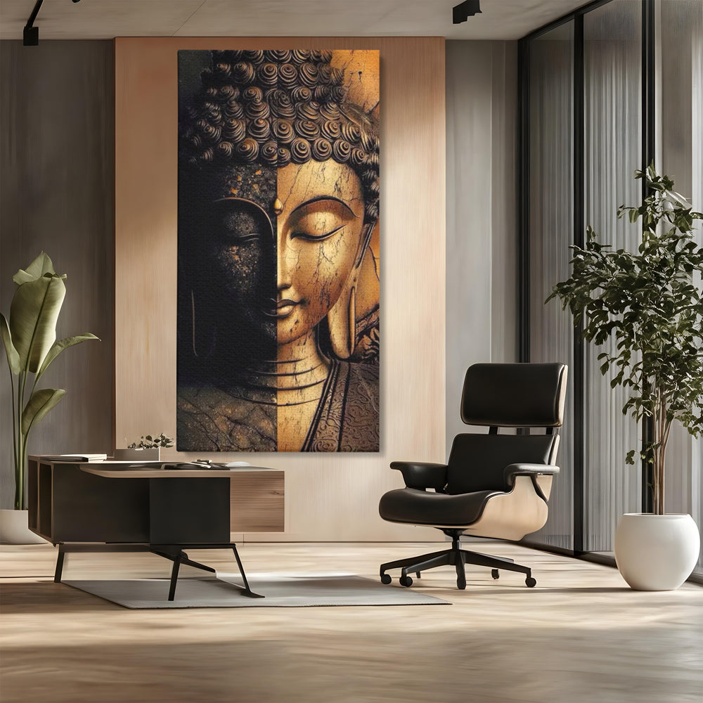 Tablou Canvas Premium, LuxCanva® I143, Lumini si Umbre, Buddha, Zen, Dualitate, Iluminare, Echilibru, Timp, Energie, Meditatie, Liniste, Gold, Marmura, Living, Dormitor