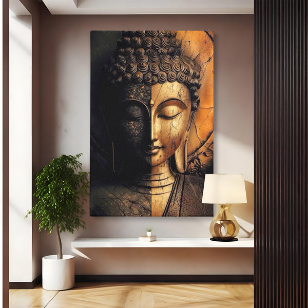 Tablou Canvas Premium, LuxCanva® I143, Lumini si Umbre, Buddha, Zen, Dualitate, Iluminare, Echilibru, Timp, Energie, Meditatie, Liniste, Gold, Marmura, Living, Dormitor