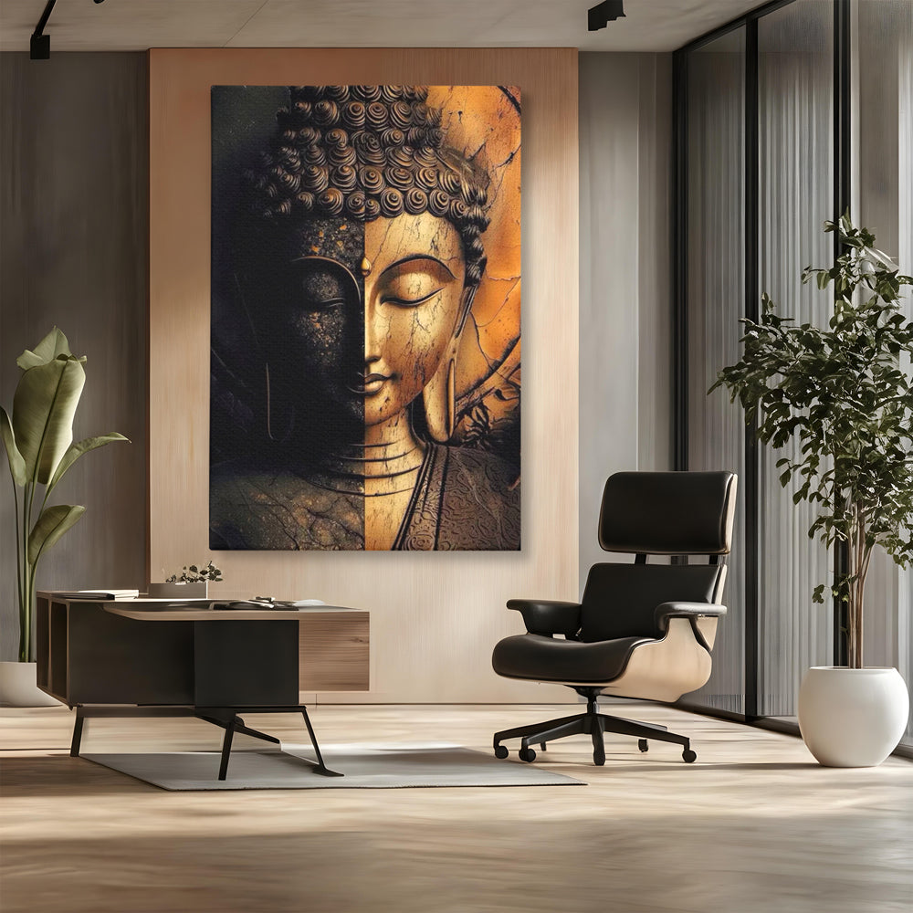 Tablou Canvas Premium, LuxCanva® I143, Lumini si Umbre, Buddha, Zen, Dualitate, Iluminare, Echilibru, Timp, Energie, Meditatie, Liniste, Gold, Marmura, Living, Dormitor