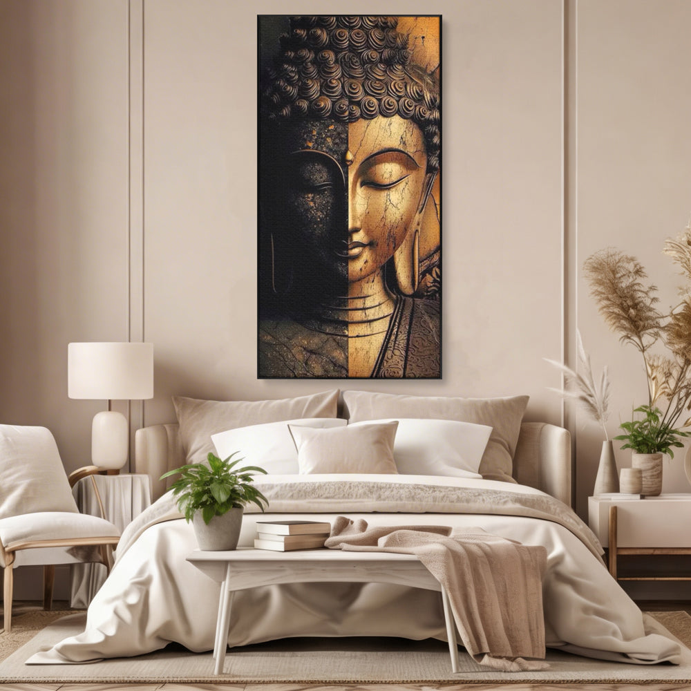 Tablou Canvas Premium, LuxCanva® I143, Lumini si Umbre, Buddha, Zen, Dualitate, Iluminare, Echilibru, Timp, Energie, Meditatie, Liniste, Gold, Marmura, Living, Dormitor